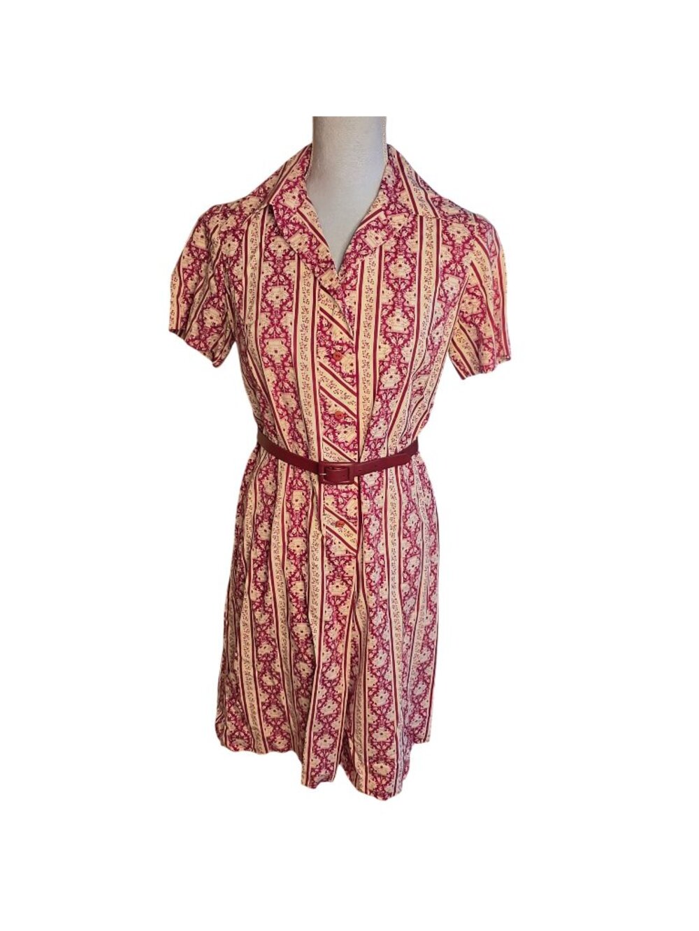 Vintage 50s Nelly Don Novelty Pagoda Print Shirtwaist Dress Belted Cranberry M
